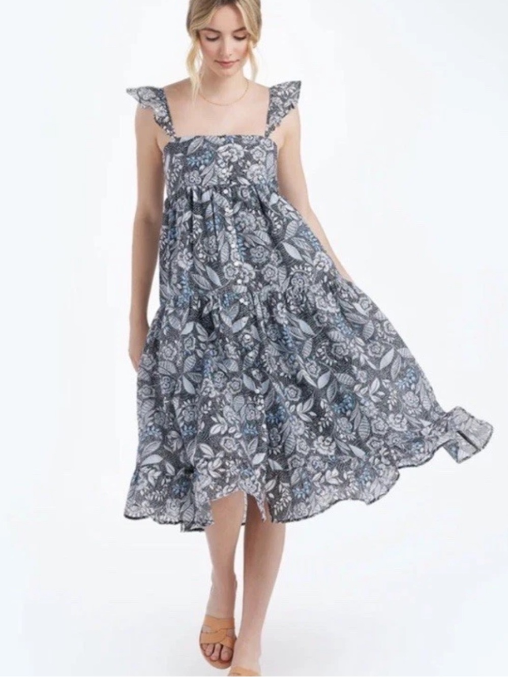 Summersalt Tiered Ruffle Midi Dress Sundress Island Floral Medium Blue Black